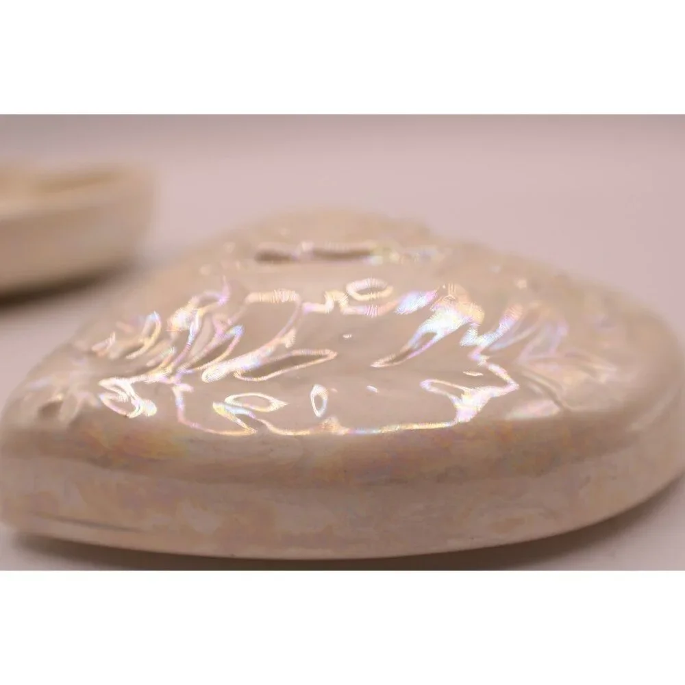 Opalescent Iridescent Ceramic Heart Trinket Box Embossed Rose Lid Vintage 1983